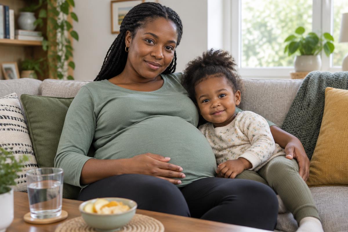 A pregnant mother resting on a sofa with her toddler beside her, with water and a snack nearby.