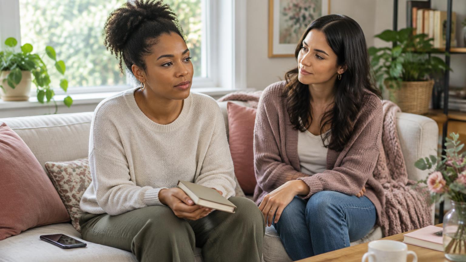 A reflective woman holding a notebook beside a window, with a friend sitting nearby and listening supportively.